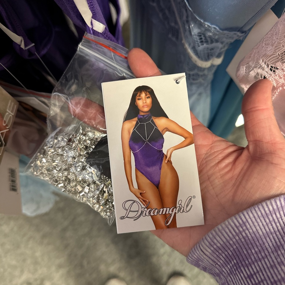 Dreamgirl Violet with rhinestone chain Bodysuit